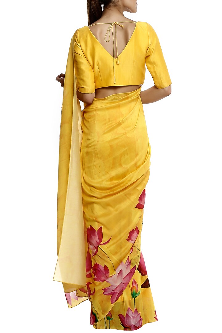 Yellow big lotus print saree with unstitched blouse piece available only at Pernia's Pop Up Shop.