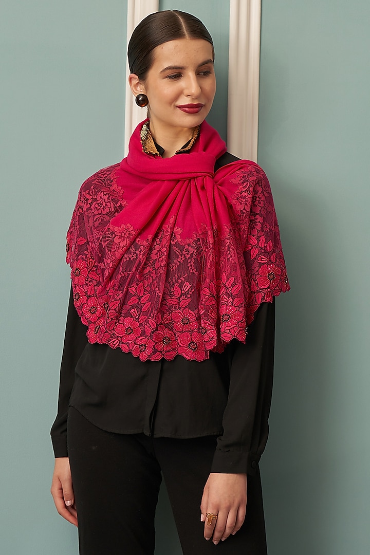 Hot Pink Embroidered Handcrafted Stole by Mauli Cashmere