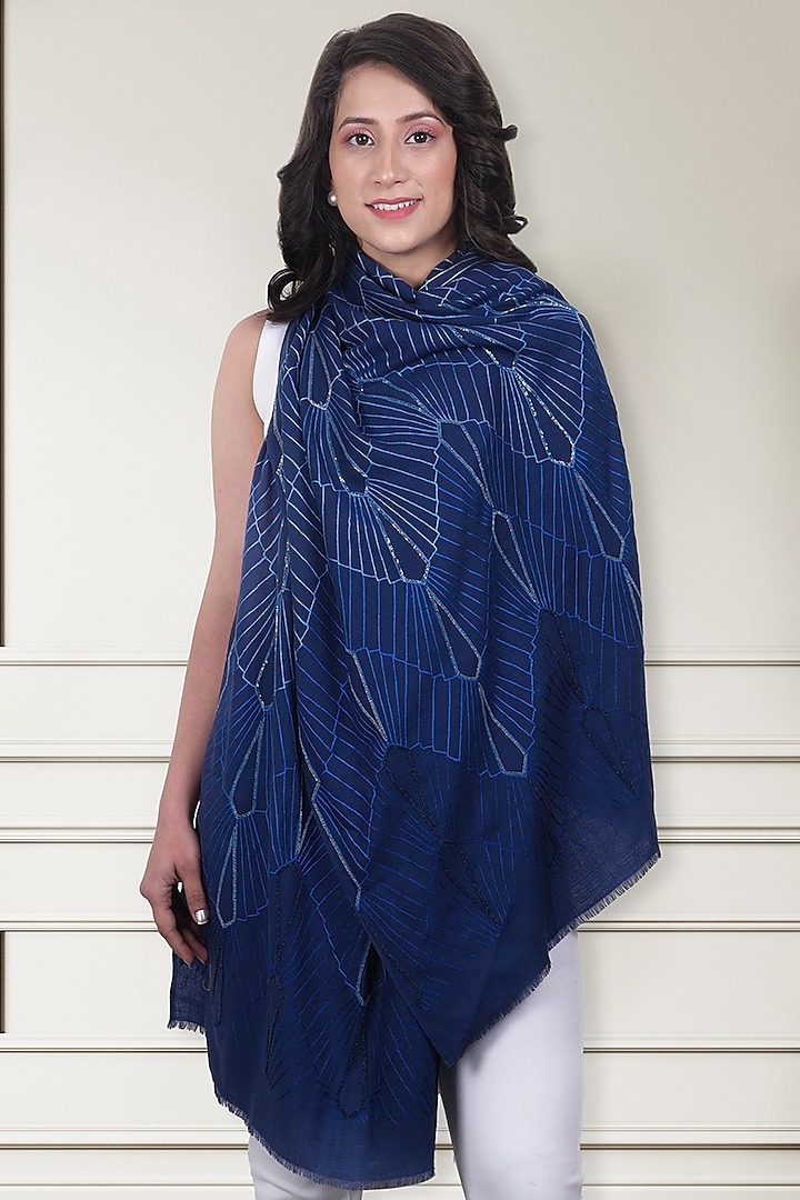 Navy Cashmere Embroidered Stole by Mauli Cashmere