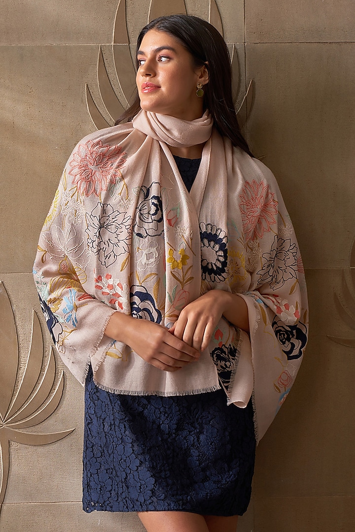 Pink Wool Silk Floral Embroidered Stole by Mauli Cashmere at Pernia's Pop Up Shop