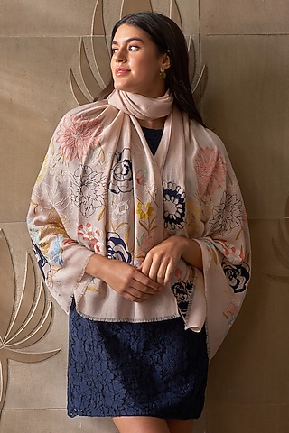 Silver Peony Colored Wool & Silk Floral Embroidered Stole by Mauli Cashmere