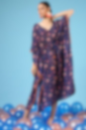 Blue Cotton Silk Floral Printed Kaftan by Marche at Pernia's Pop Up Shop