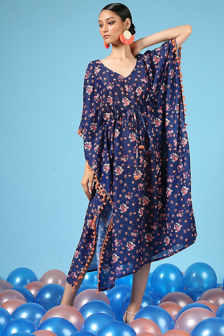 Blue Cotton Silk Floral Printed Kaftan by Marche at Pernia's Pop Up Shop