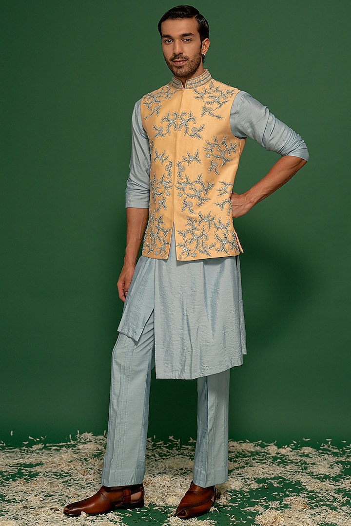 Pastel Peach Silk Chanderi Hand Embroidered Nehru Jacket Set by MARAASIM