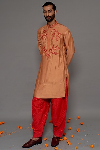 Beige Silk Chanderi Hand Embroidered Kurta Set by MARAASIM