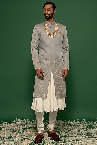 Grey Linen Satin & Modal Satin Hand Embroidered Sherwani Set by MARAASIM