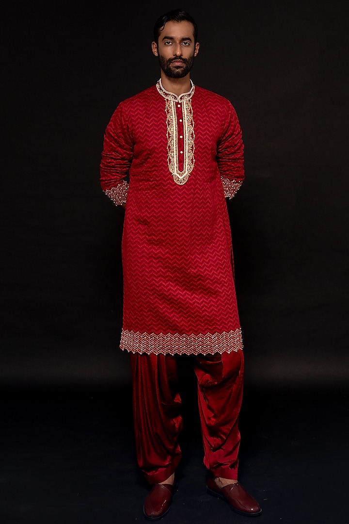 Red Silk Chanderi & Modal Satin Hand Embroidered Kurta Set by MARAASIM