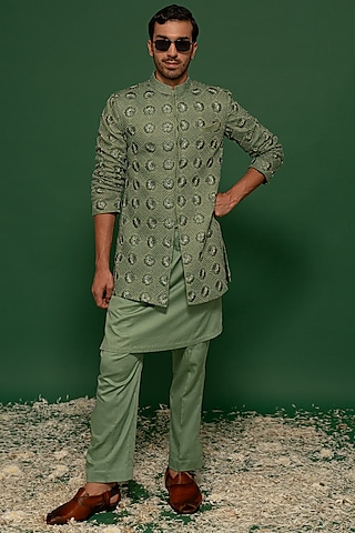 Sage Green Silk Cotton & Chanderi Hand Embroidered Indowestern Set by MARAASIM