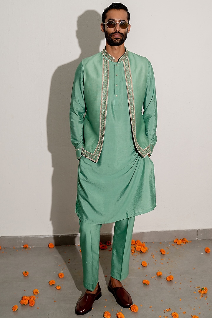 Sage Green Silk Chanderi Hand Embroidered Nehru Jacket Set by MARAASIM