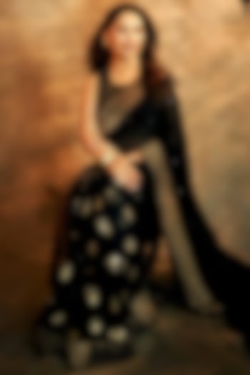 Black Georgette & Raw Silk Foil Printed & Mirror Embellished Wedding Saree Set by Masaba at Pernia's Pop Up Shop