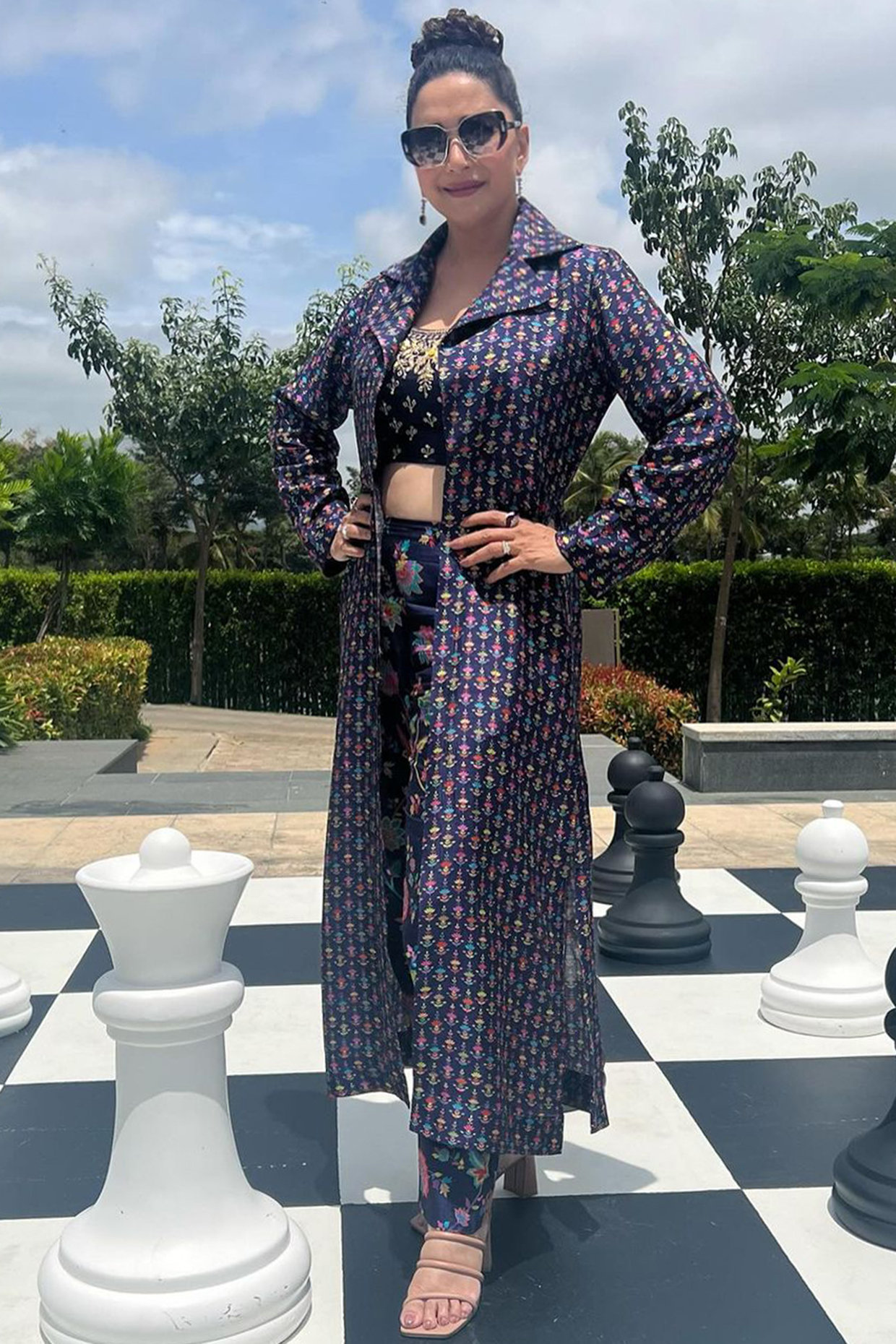 Midnight Blue Dupion Silk Printed Jacket Set by Drishti & Zahabia at Pernia's Pop Up Shop