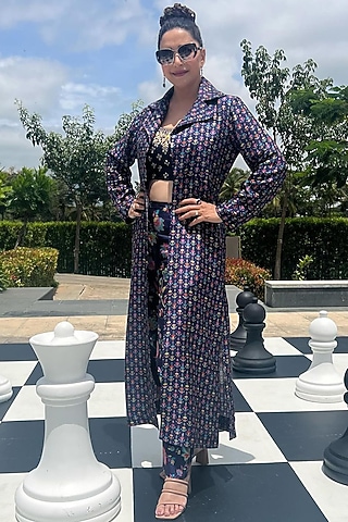 Midnight Blue Dupion Silk Printed Jacket Set by Drishti & Zahabia