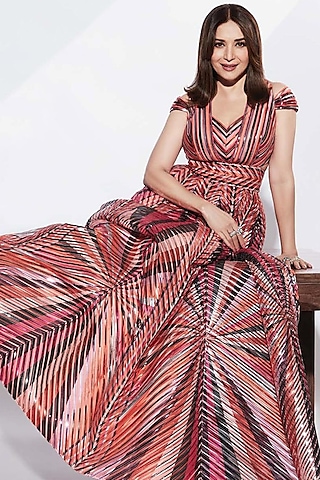 Pink Striped Structured Gown by Amit Aggarwal