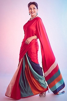Multi Colored Silk Satin Striped Saree by Kshitij Jalori-COLOR BLOCKING