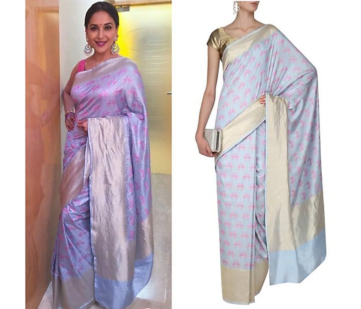 Powder blue and pink flamingoes benarasi saree available only at Pernia's Pop Up Shop.
