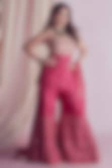 strapless open back dress Pink Crepe A Line Midi Dress With Bow Straps