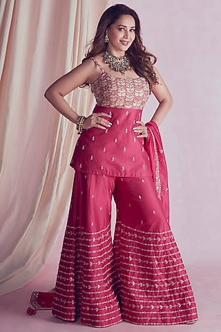 Fuchsia Pink Gota Embroidered Sharara Set by Punit Balana