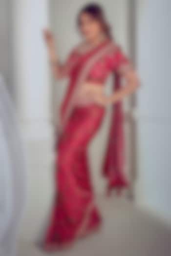 Cherry Red Satin Digital Printed Saree Set by Punit Balana
