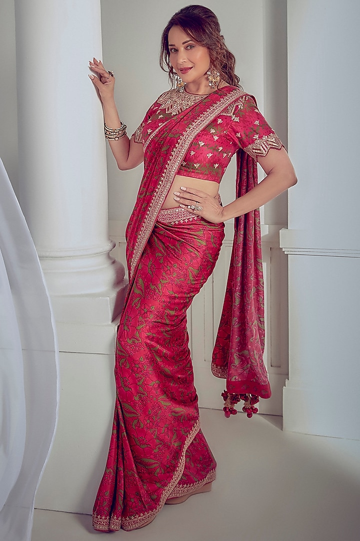 Cherry Red Satin Digital Printed Saree Set by Punit Balana at Pernia's Pop Up Shop