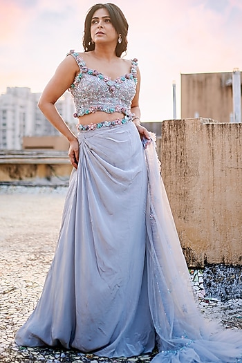 Grey Net & Organza Draped Skirt Set by BAYA BY RICHA at Pernia's Pop Up Shop