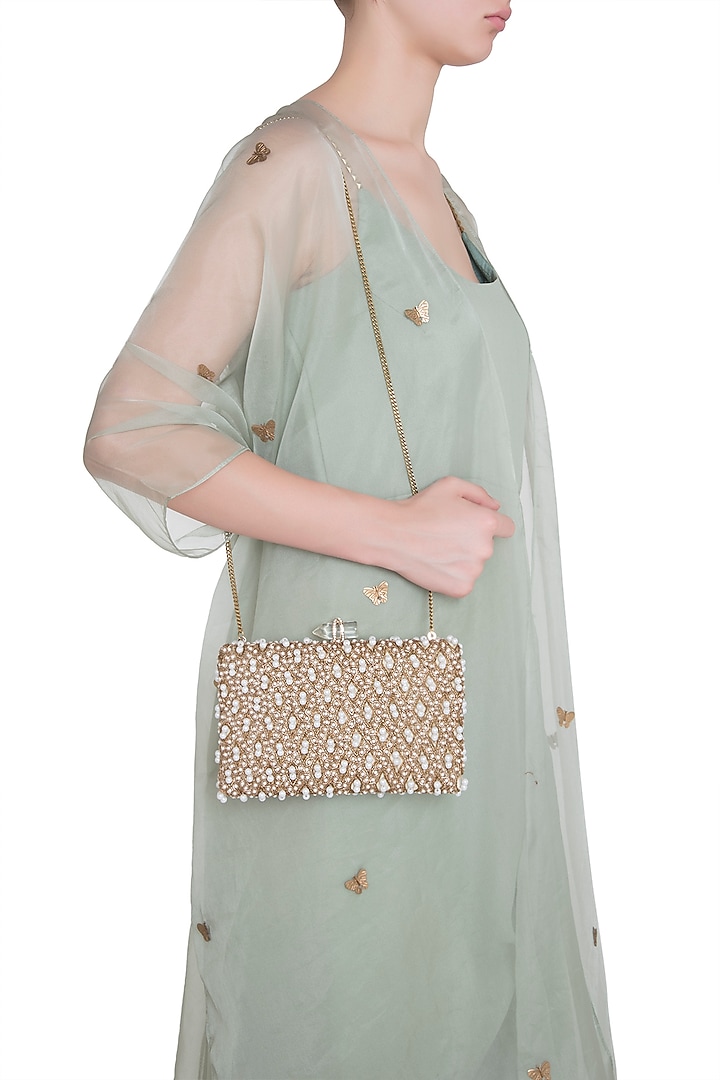 Gold Embroidered Pearl Rectangular Clutch by Malaga