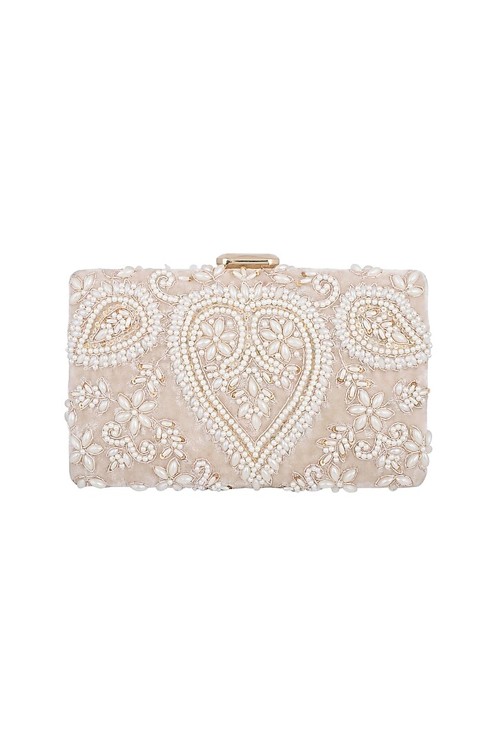 Beige Embroidered Sequins Rectangular Clutch by Malaga at Pernia's Pop Up Shop