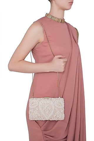 Beige Embroidered Sequins Rectangular Clutch by Malaga