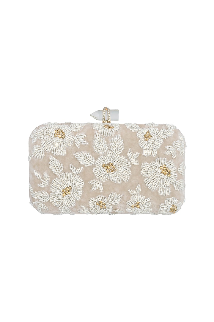 Beige Embroidered Velvet Rectangular Clutch by Malaga at Pernia's Pop Up Shop