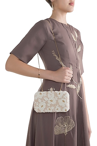 Beige Embroidered Velvet Rectangular Clutch by Malaga