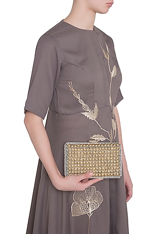 Antique Gold Embroidered Rectangular Clutch by Malaga