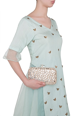 Brown Embroidered Velvet Rectangular Clutch by Malaga