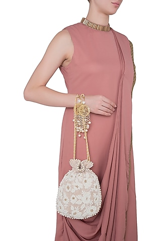 Beige Embroidered Pearl Batwa Potli by Malaga