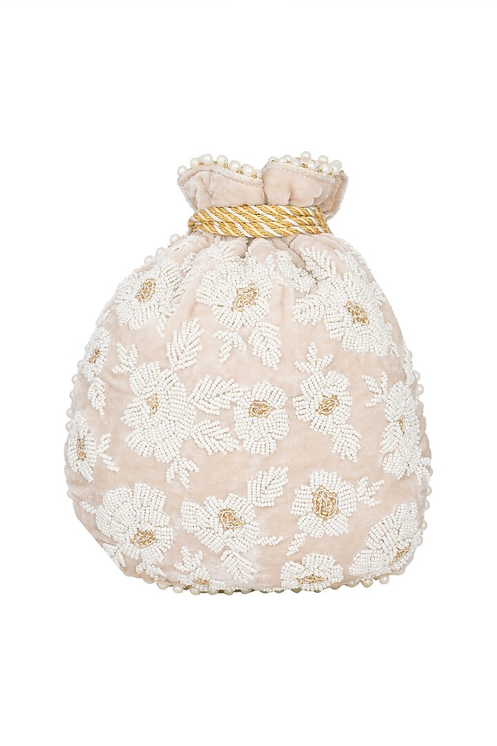 Beige Embroidered Pearl Batwa Potli by Malaga at Pernia's Pop Up Shop