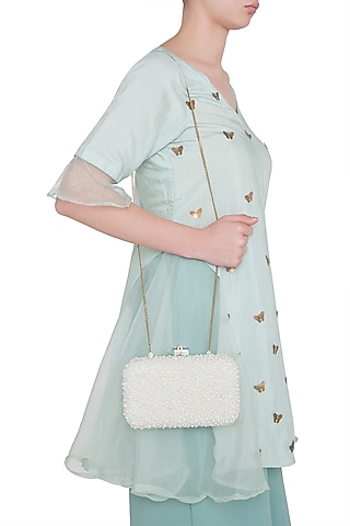Ivory Embroidered Rectangular Clutch by Malaga
