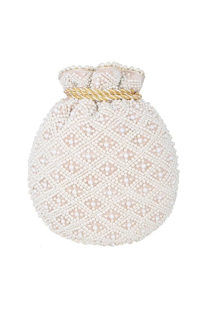 Beige Embroidered Velvet Batwa Potli by Malaga at Pernia's Pop Up Shop