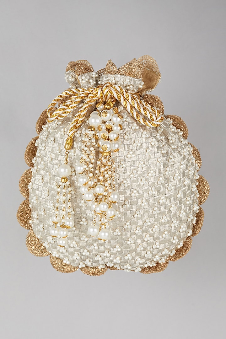 Beige Pearl Embroidered Batwa Potli by Malaga