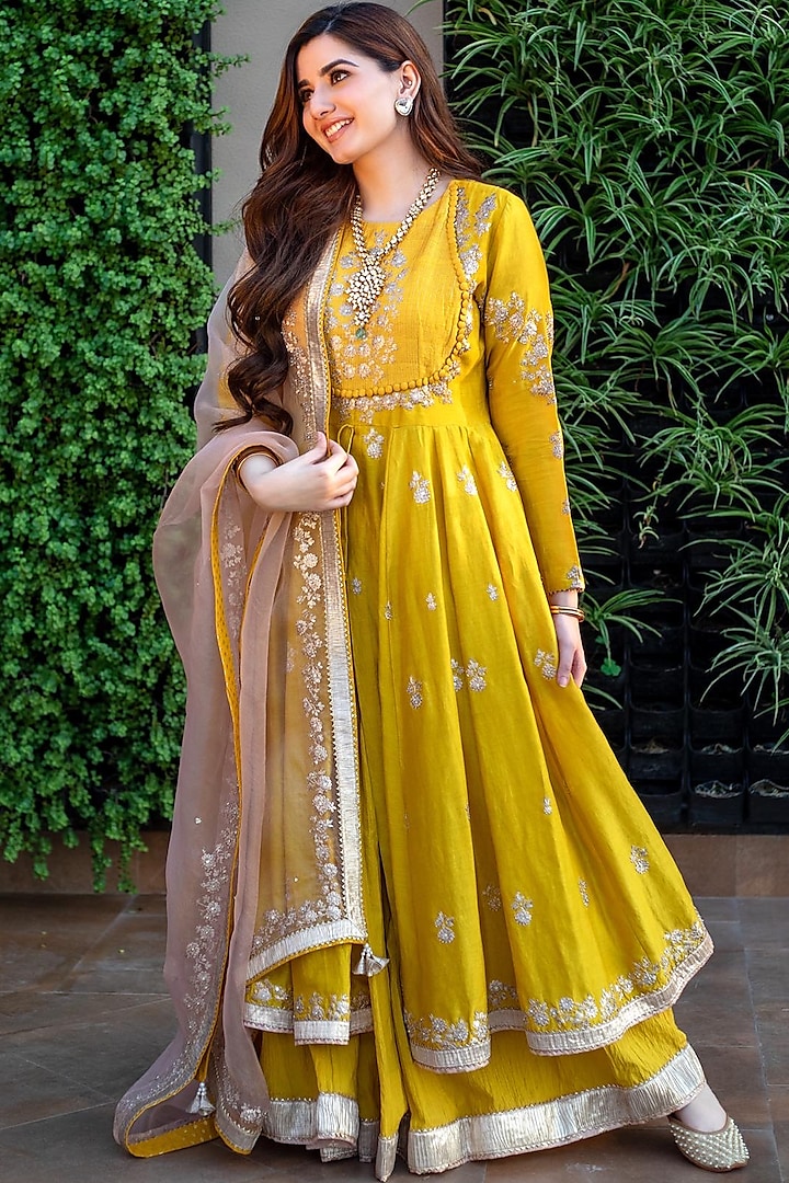 Glaze Mustard Tilla Embroidered Anarkali Set by Sheetal Batra