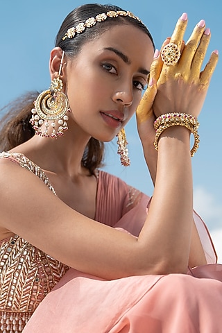 Gold Finish Kundan Polki & Pearl Ring by Maisara Jewelry