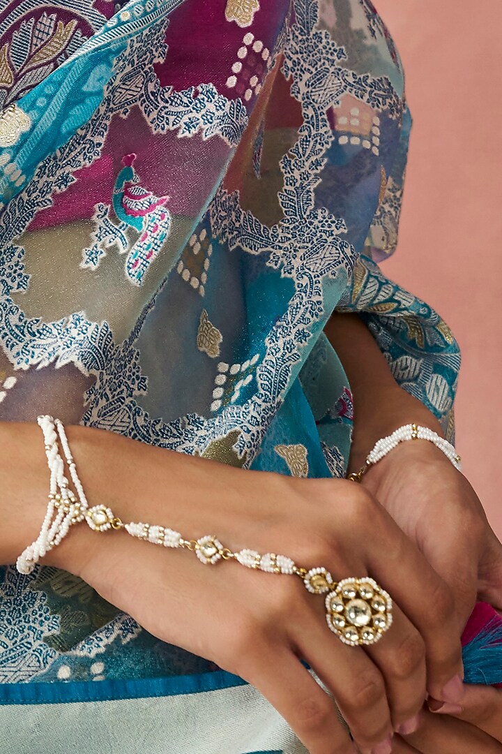 Gold Finish Pearl & Kundan Polki Hand Harnesses ( Set of 2) by Maisara Jewelry at Pernia's Pop Up Shop