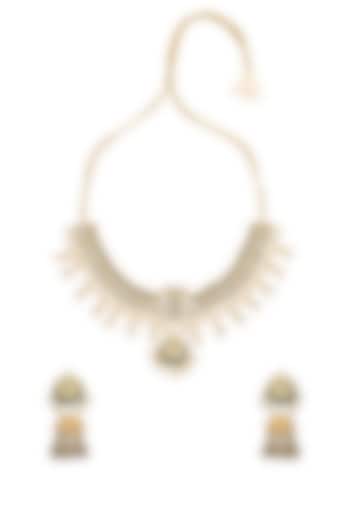 Gold Finish Pearl & Kundan Polki Necklace Set by Maisara Jewelry at Pernia's Pop Up Shop