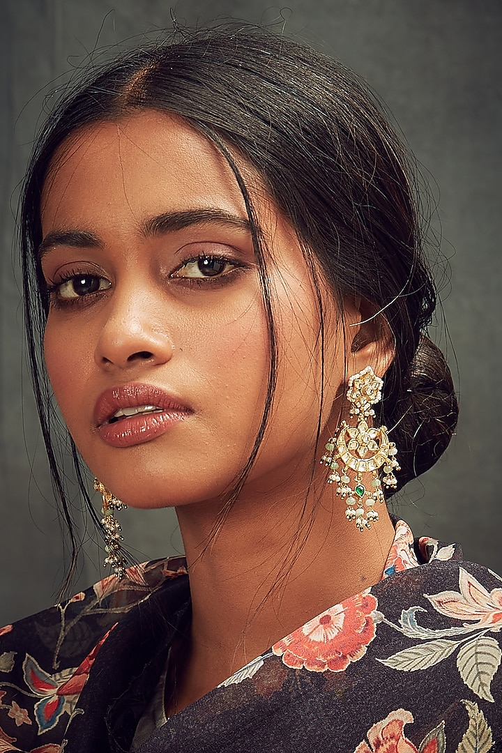 Gold Finish Kundan Polki & Green Beaded Chandbaali Earrings by Maisara Jewelry at Pernia's Pop Up Shop