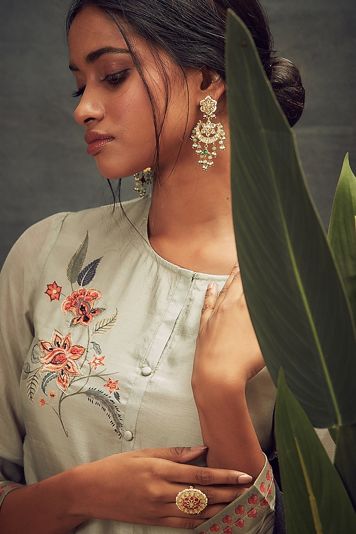 Gold Finish Kundan Polki & Green Beaded Chandbaali Earrings by Maisara Jewelry at Pernia's Pop Up Shop