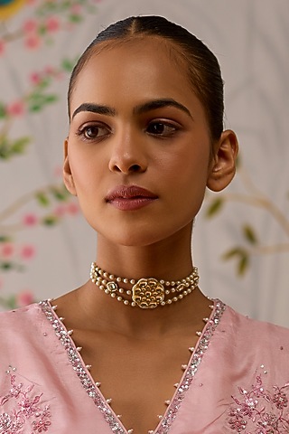 Gold Finish Kundan Polki & Pearl Choker Necklace by Maisara Jewelry