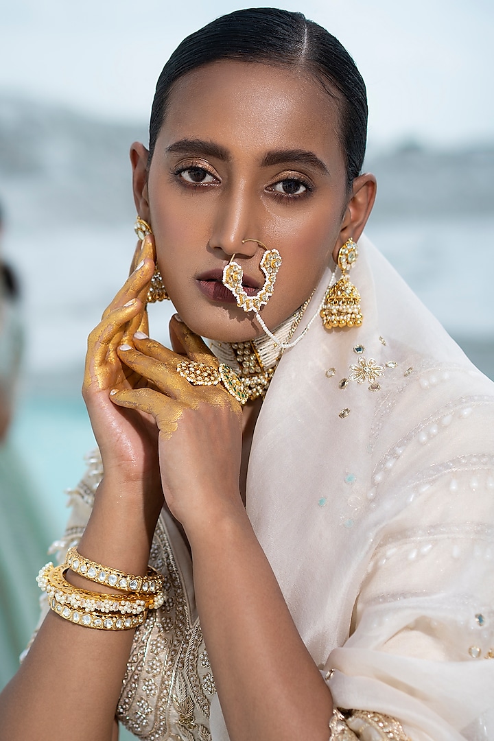 Gold Finish Nose Ring With Kundan Polki by Maisara Jewelry
