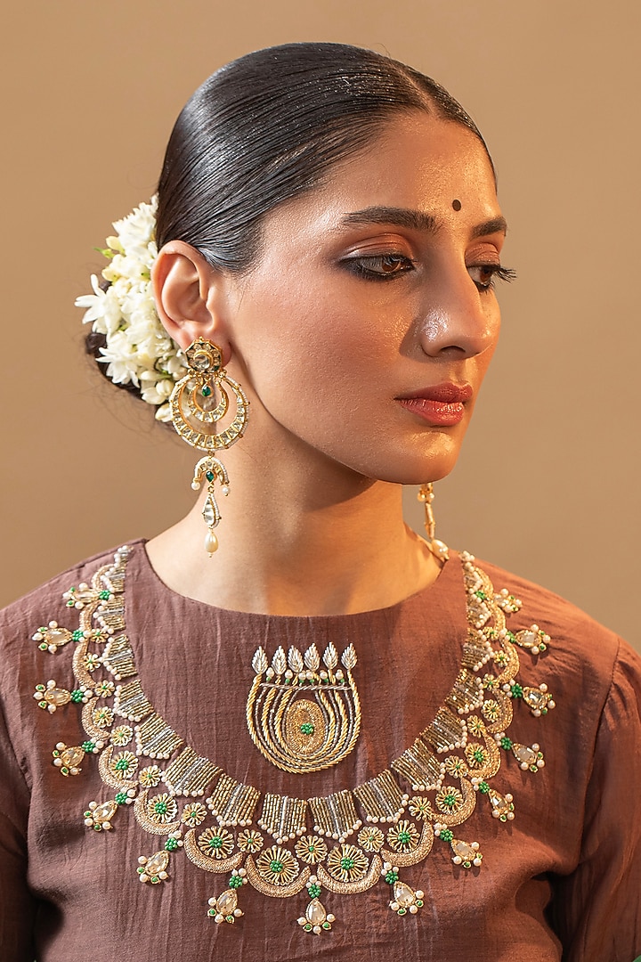 Gold Finish Kundan Polki & Pearl Chandbali Earrings by Maisara Jewelry at Pernia's Pop Up Shop
