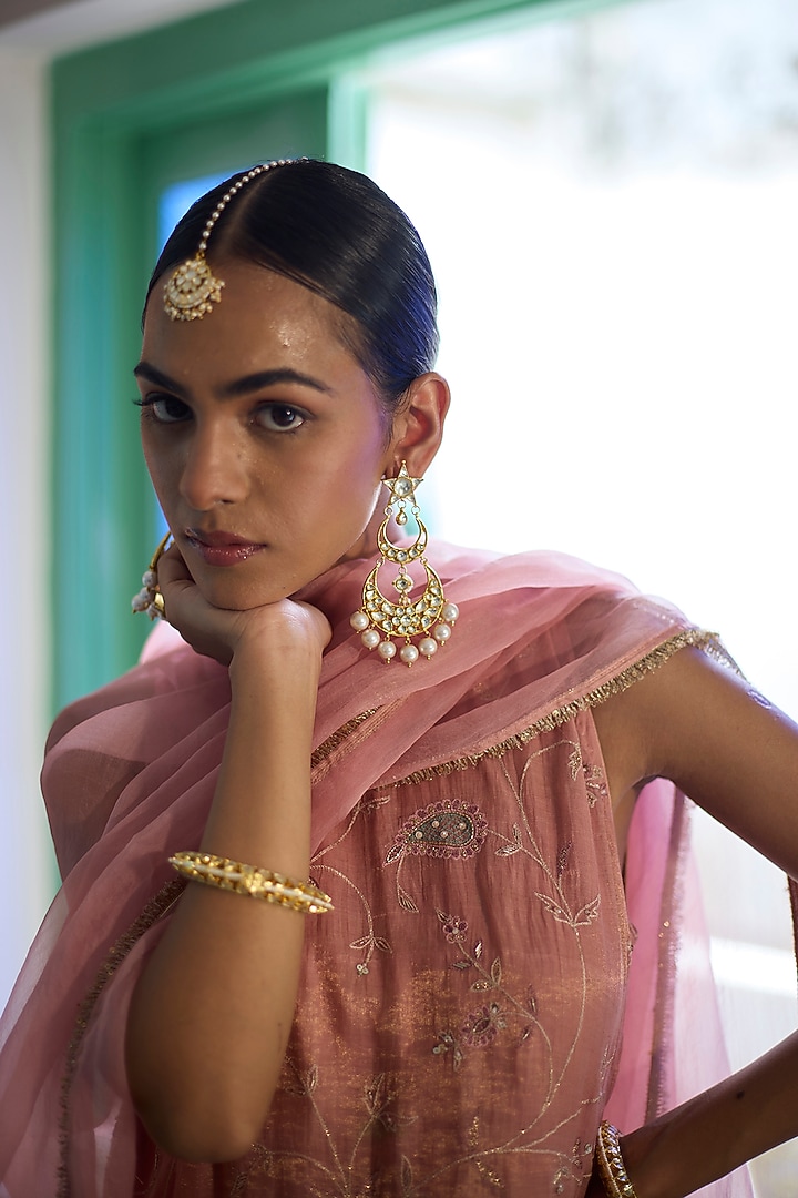 Gold Finish Kundan Polki & Pearl Chandbali Earrings by Maisara Jewelry at Pernia's Pop Up Shop