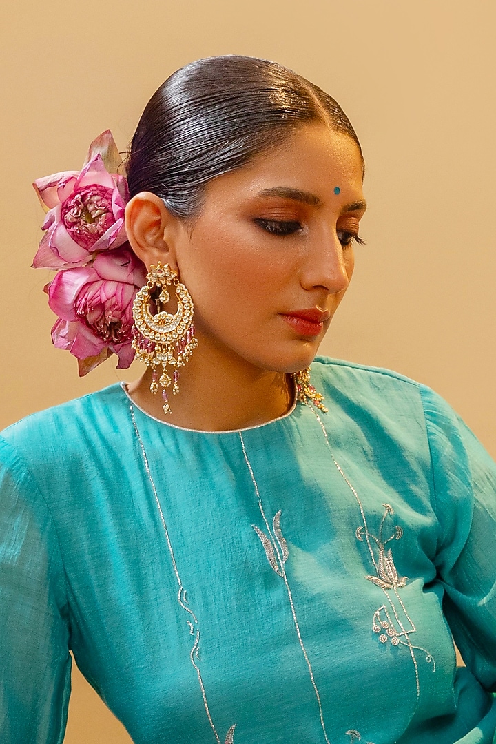 Gold Finish Kundan Polki & Pink Beaded Chandbali Earrings by Maisara Jewelry at Pernia's Pop Up Shop