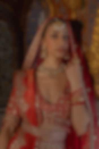 Gold Finish Kundan Polki & Pearl Maang Tikka by Maisara Jewelry at Pernia's Pop Up Shop