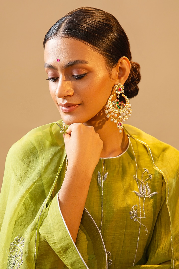 Gold Finish Kundan Polki & Pearl Chandbali Earrings by Maisara Jewelry at Pernia's Pop Up Shop