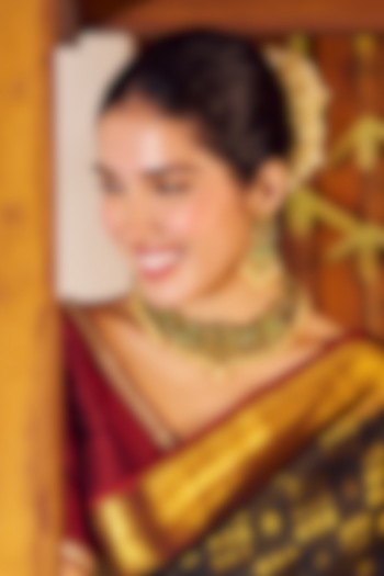 Gold Finish Kundan Polki & Green Jadau Drop Necklace Set by Maisara Jewelry at Pernia's Pop Up Shop